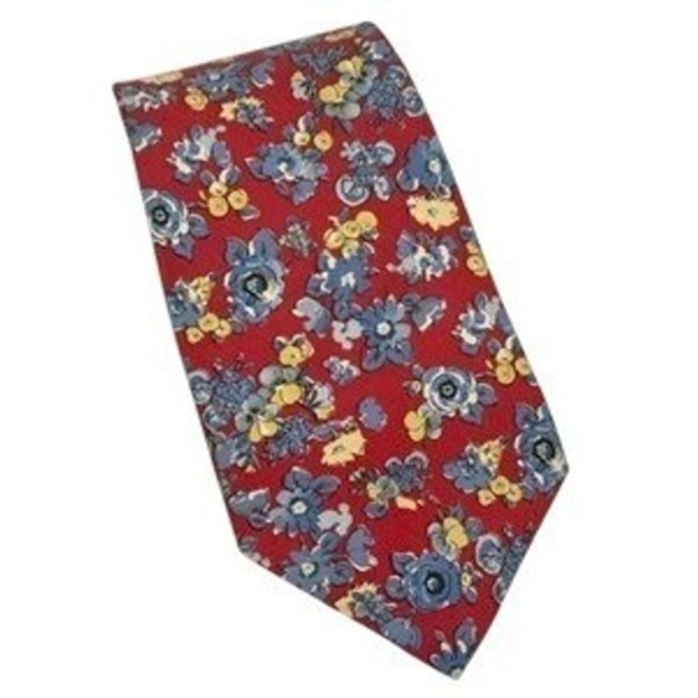 Lauren Ralph‎ Lauren Mens Silk Necktie Floral Red Blue Yellow